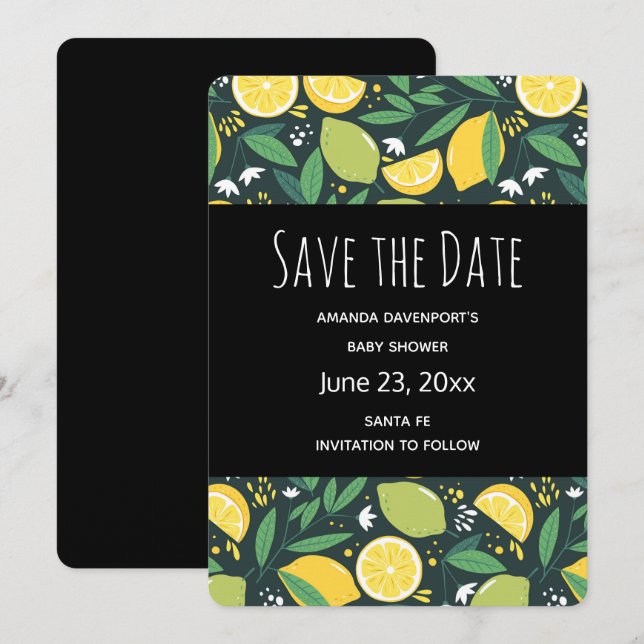  Yellow Lemon and Green Lime Fruit Pattern Save The Date (Front/Back)