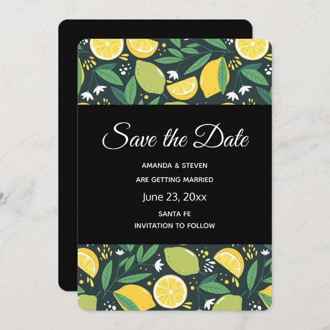 Yellow Lemon and Green Lime Fruit Pattern Save The Date (Front/Back)
