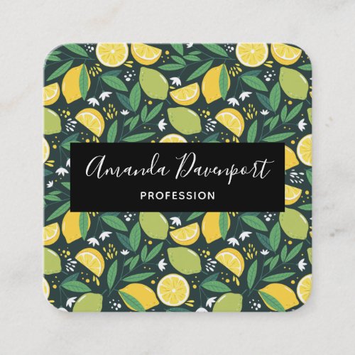 Yellow Lemon and Green Lime Fruit Pattern Square Business Card