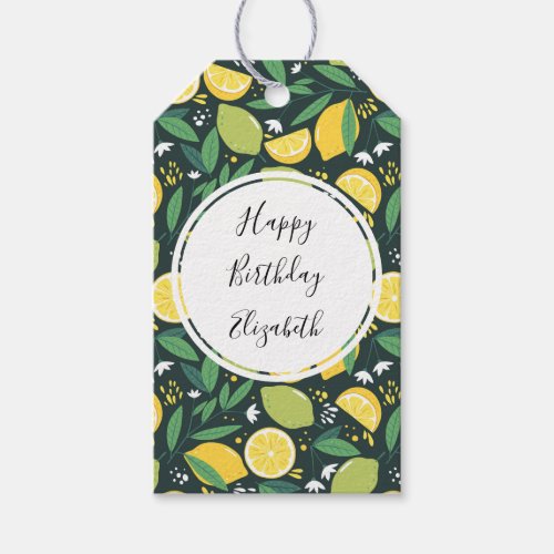 Yellow Lemon and Lime Fruit Food Pattern Birthday Gift Tags