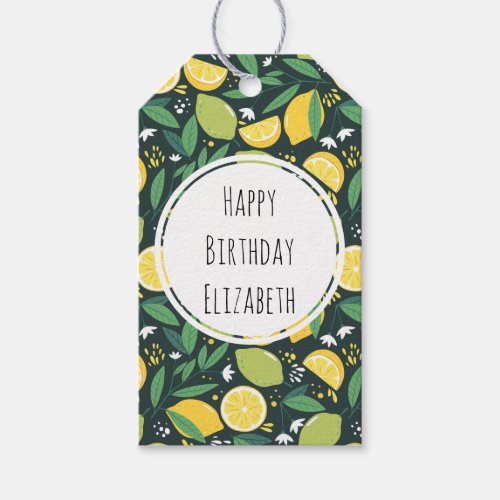 Yellow Lemon and Lime Fruit Food Pattern Birthday Gift Tags