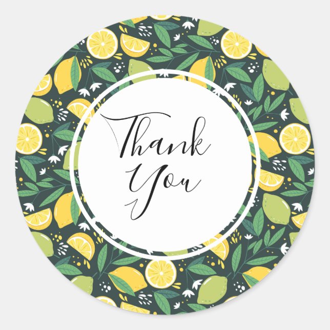 Yellow Lemon and Lime Fruit Food Pattern Thank You Classic Round Sticker (Front)