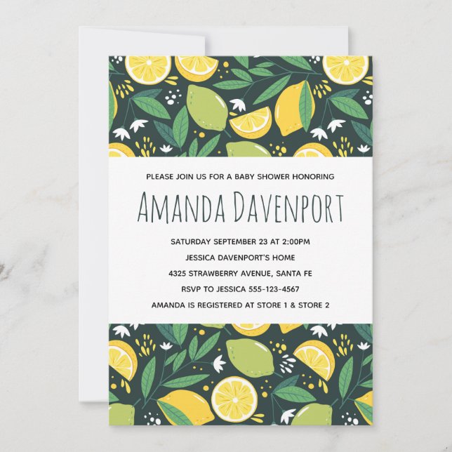 Yellow Lemon and Lime Fruit Pattern Baby Shower Invitation (Front)