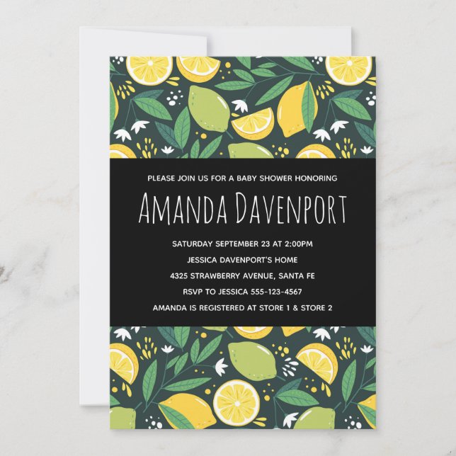 Yellow Lemon and Lime Fruit Pattern Baby Shower Invitation (Front)