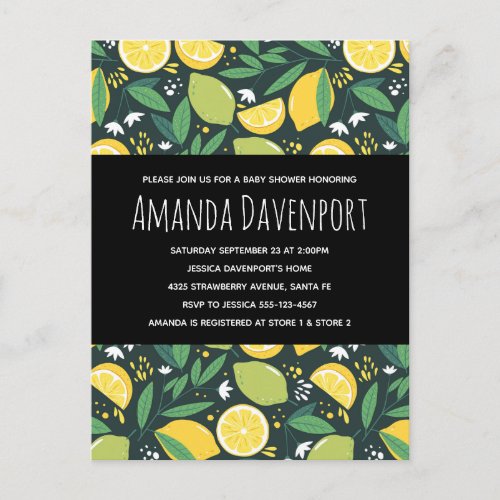Yellow Lemon and Lime Fruit Pattern Baby Shower Invitation Postcard