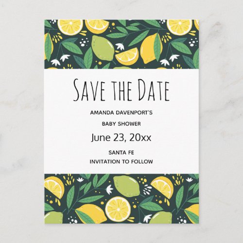 Yellow Lemon and Lime Fruit Pattern Save the Date Invitation Postcard