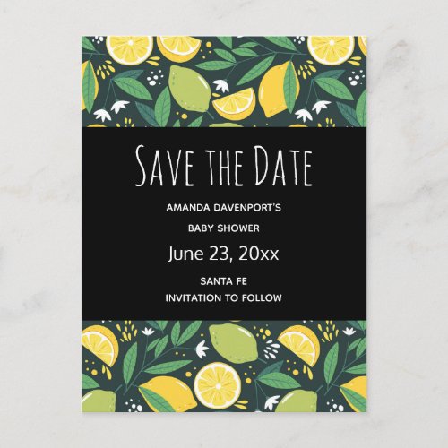 Yellow Lemon and Lime Fruit Pattern Save the Date Invitation Postcard