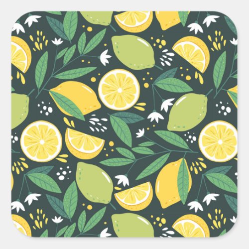 Yellow Lemon and Lime Fruit Pattern Square Sticker