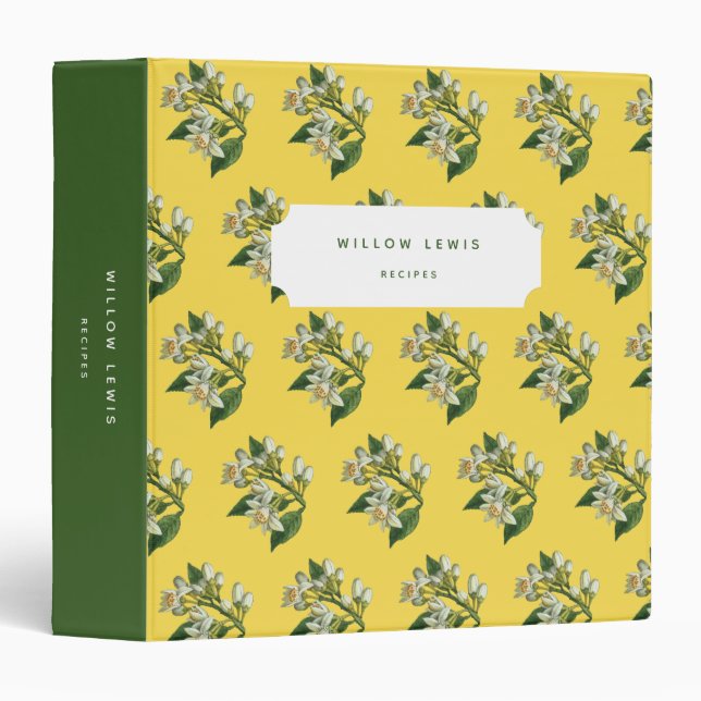 Yellow Lemon Blossoms Pattern Recipe Cookbook 3 Ring Binder (Front/Spine)