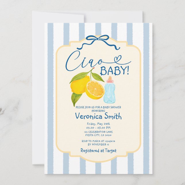 Yellow Lemon Blue Italy Ciao Baby Shower Invite  (Front)