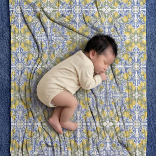 Yellow Lemon Blue Mediterranean Tile Pattern Baby Blanket