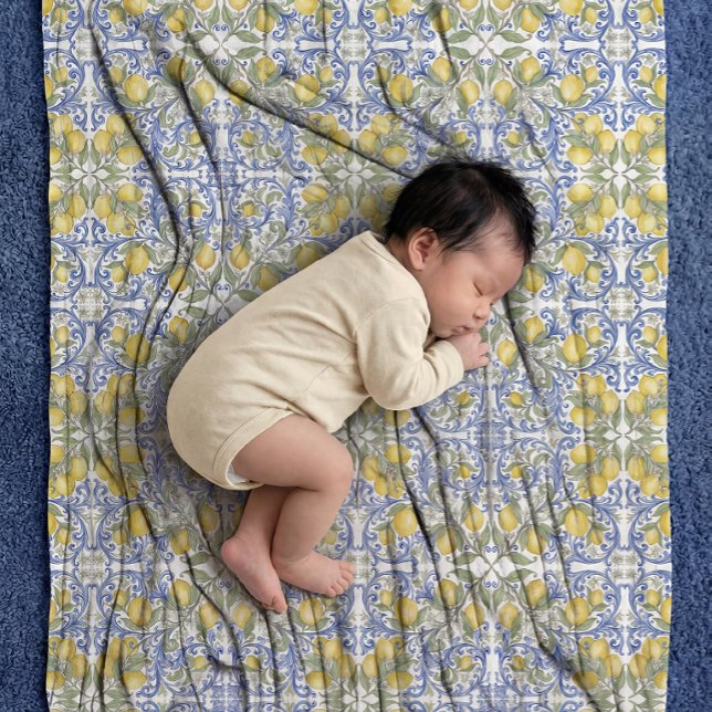 Yellow Lemon Blue Mediterranean Tile Pattern Baby Blanket (Yellow Lemon Blue Mediterranean Tile Pattern Baby Blanket)