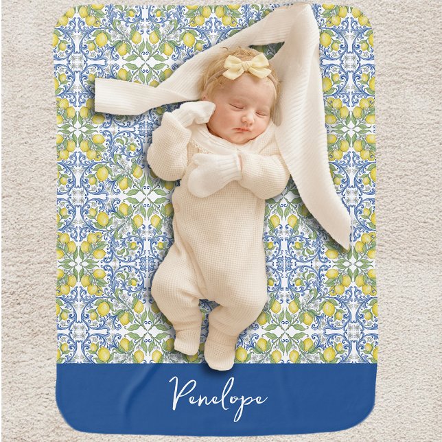Yellow Lemon Blue Mediterranean Tile Pattern Baby Blanket (Ye4llow Lemon Blue Mediterranean Tile Pattern Baby Blanket)