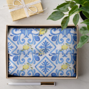 Yellow Lemon Blue Tile  Tissue Paper