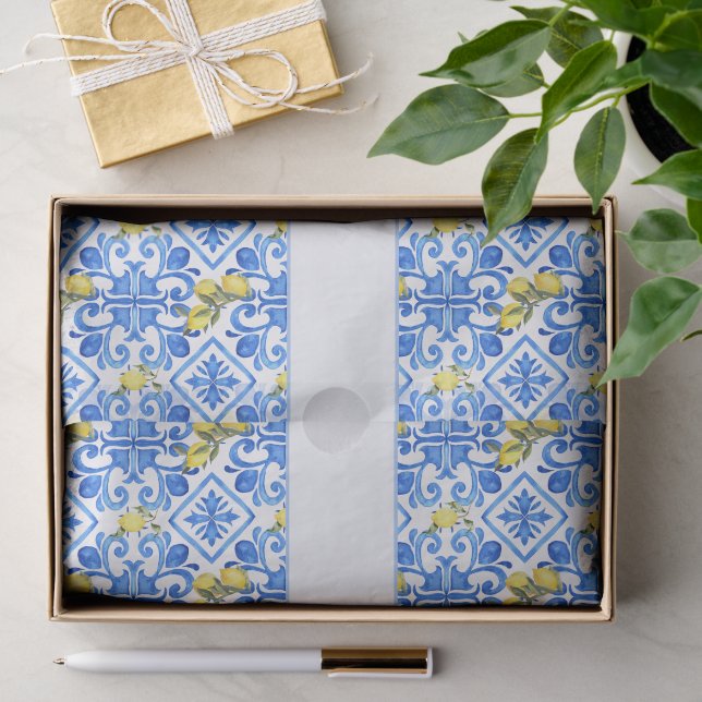 Yellow Lemon Blue Tile Watercolor Monogram Name Tissue Paper (Gift)