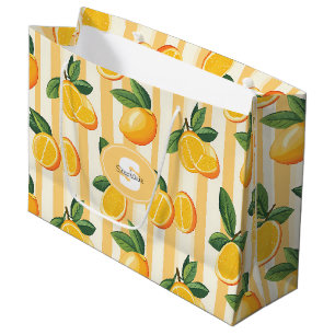 Yellow Lemon Botanical Print on Cream Stripes Large Gift Bag