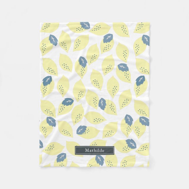 Yellow Lemon Citrus & Blue Gray Leaf Pattern Fleece Blanket (Front)