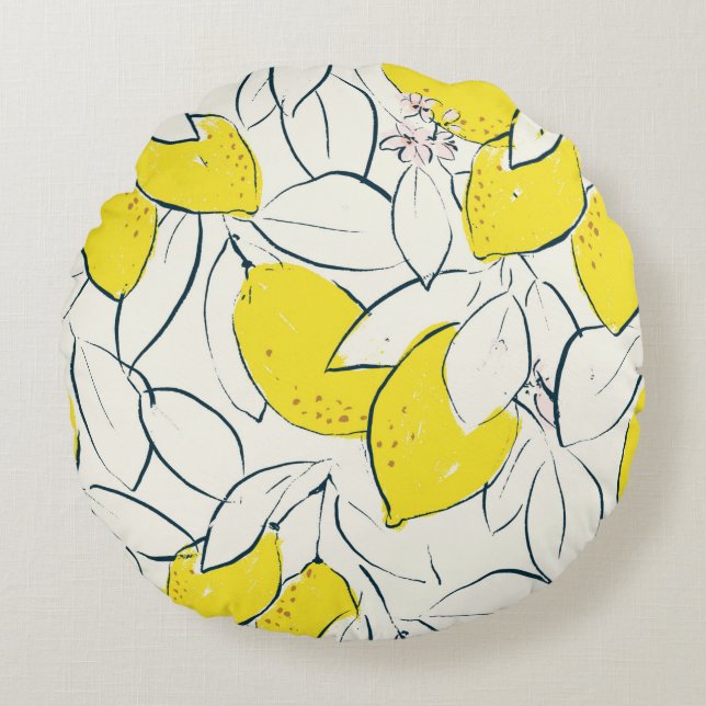 Yellow lemon citrus fruit hand drawn illustration  round pillow (Front)