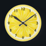 Yellow Lemon Citrus Fruit Slice Round Clock<br><div class="desc">An artwork illustration of green lime fruit slice.  Artwork by Delightful-Doodles.</div>