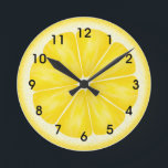 Yellow Lemon Citrus Fruit Slice Round Clock<br><div class="desc">An artwork illustration of green lime fruit slice. Artwork by Delightful-Doodles.</div>