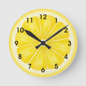 Yellow Lemon Citrus Fruit Slice Round Clock by adams_apple at Zazzle