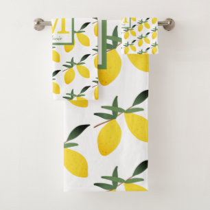 Yellow Lemon Citrus Monogram  Bath Towel Set
