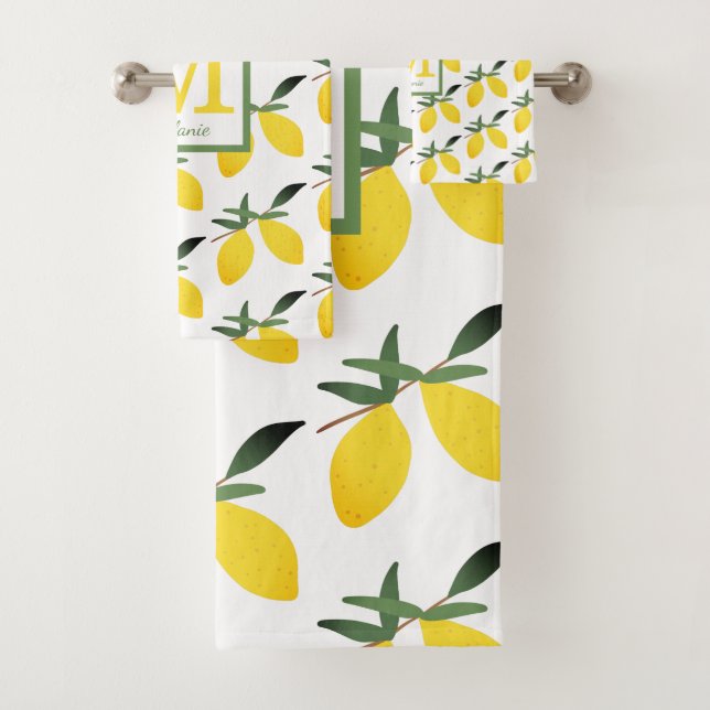 Yellow Lemon Citrus Monogram  Bath Towel Set (Insitu)
