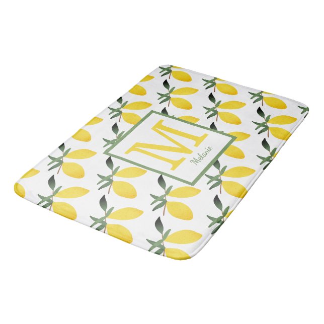 Yellow Lemon Citrus Monogram Name Bath Mat (Angled)