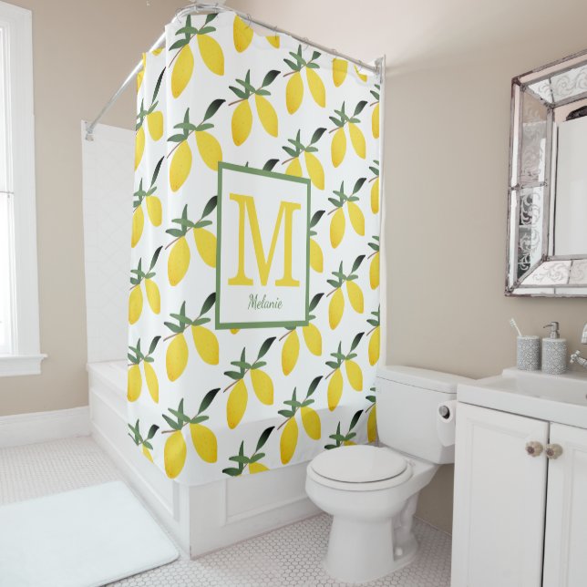 Yellow Lemon Citrus Monogram  Shower Curtain (In Situ)