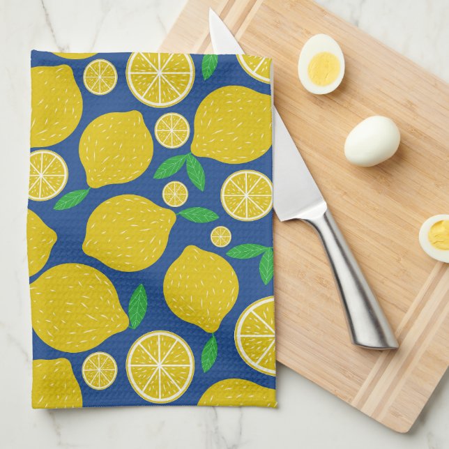 Yellow Lemon Citrus Pattern on Blue  Kitchen Towel (Quarter Fold)