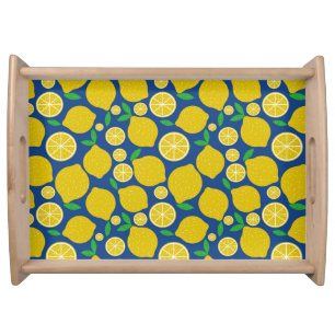 Yellow Lemon Citrus Pattern on Blue  Serving Tray