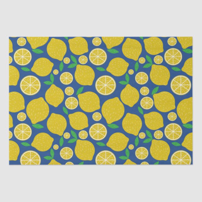 Yellow Lemon Citrus Pattern on Blue  Tissue Paper (Front)