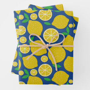 Yellow Lemon Citrus Pattern on Blue Wrapping Paper Sheets