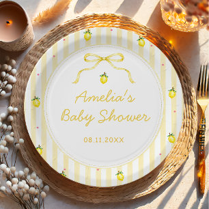 Yellow Lemon Citrus Stripes Baby Shower Paper Plates