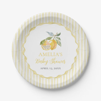 Yellow Lemon Citrus Stripes Baby Shower Paper Plates