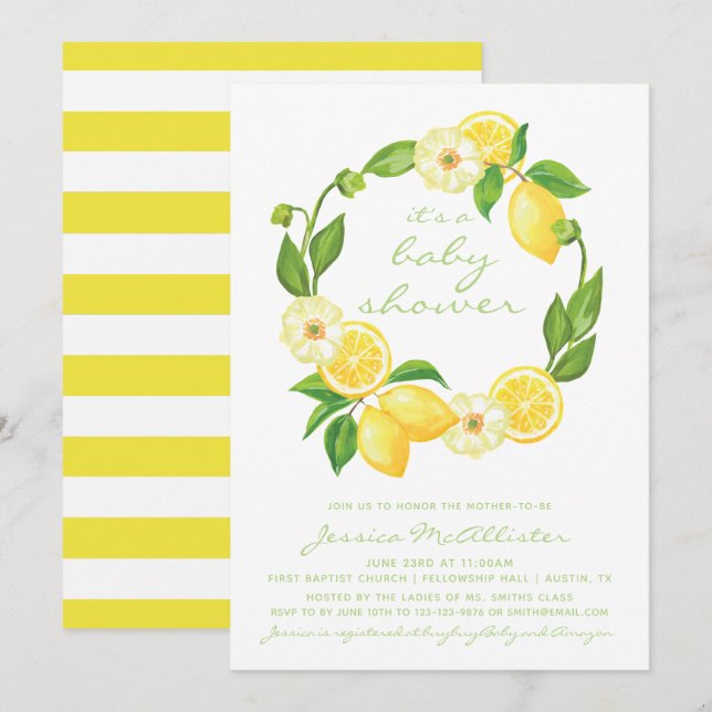 Yellow Lemon Citrus Stripes Unisex Baby Shower Invitation (Front/Back)