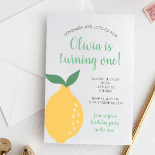 Yellow Lemon First Birthday Turning One Birthday Invitation