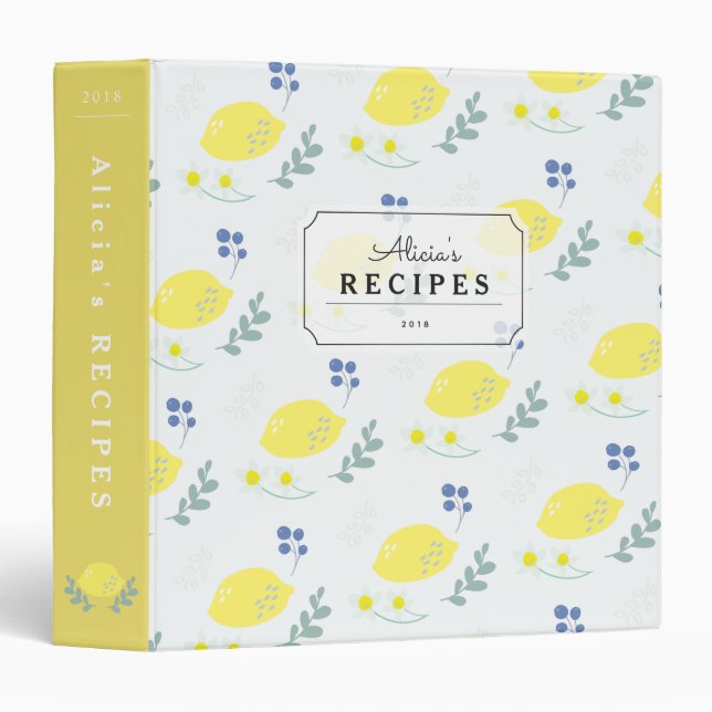 Yellow Lemon Floral Pattern Recipe Binder (Front/Spine)