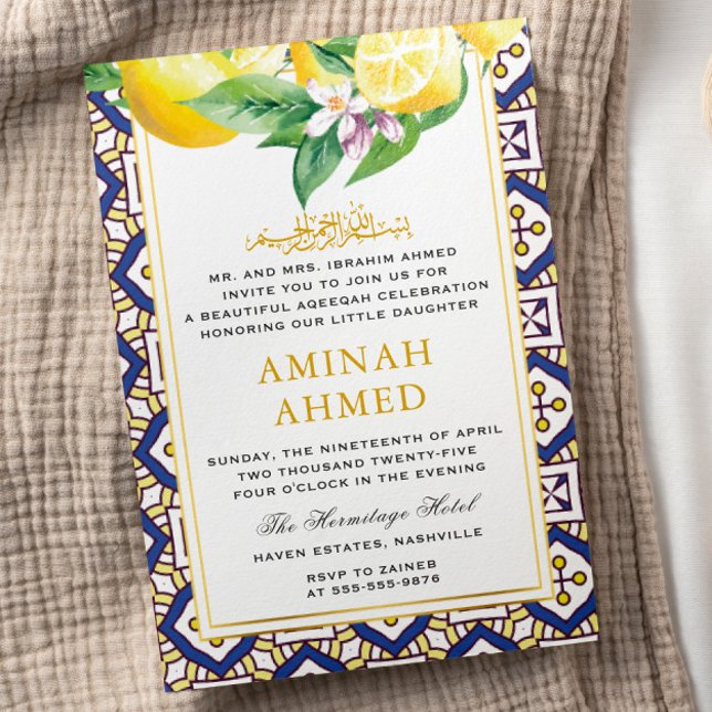 Yellow Lemon Floral Summer Islamic Aqiqa Aqeeqa Invitation (Creator Uploaded)