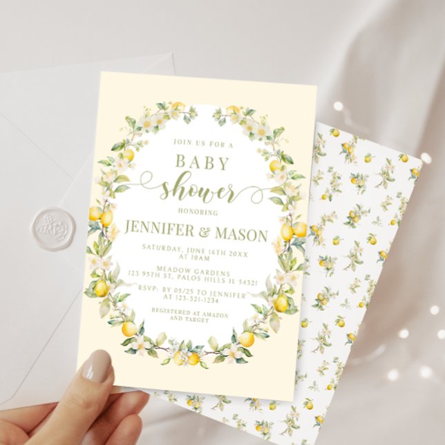 Yellow lemon floral wreath bohemian baby shower invitation (Creator Uploaded)