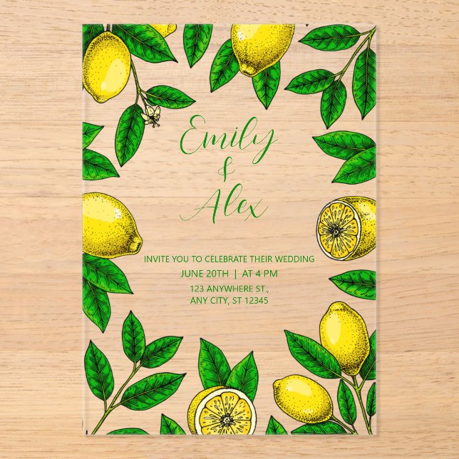 Yellow Lemon & foliage greenery Acrylic Invitation (Front)