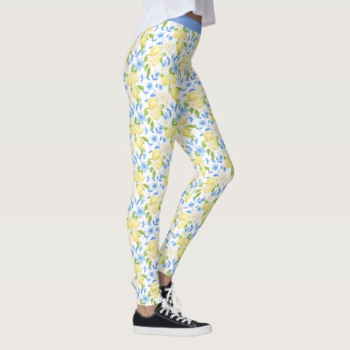 Yellow Lemon Fruit Blue Floral Leaf Pattern Design Leggings