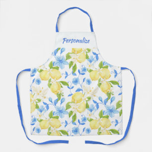 Yellow Lemon Fruit Blue Floral Personalized Design Apron