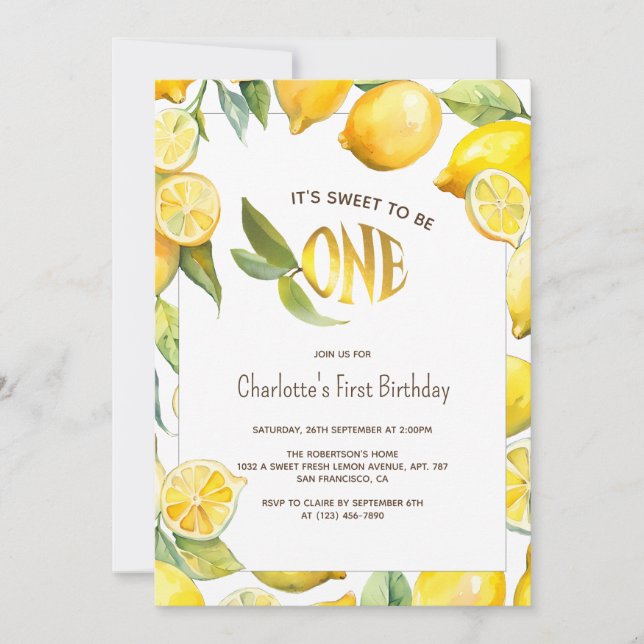 Yellow Lemon Fruit Citrus First 1st Birthday Invitation (Front)