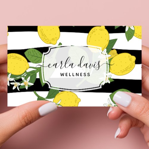 Yellow Lemon Fruit Citrus Floral Botanical Striped Business Card