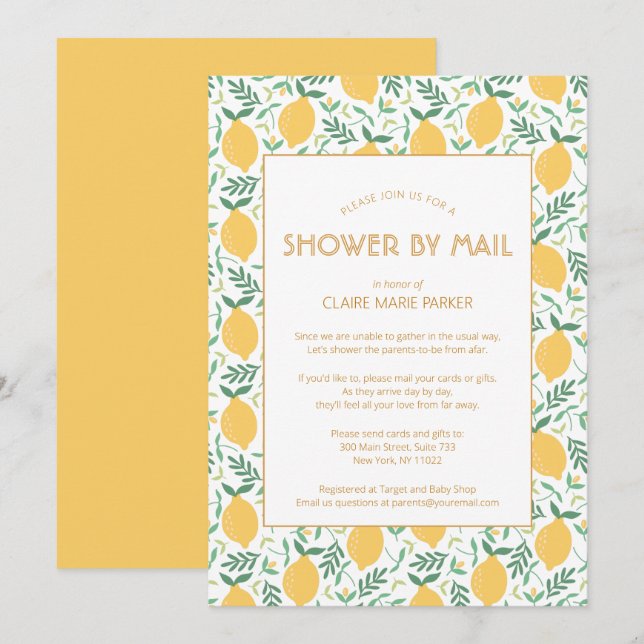 Yellow Lemon Fruit Foliage Baby Shower by Mail  Invitation (Front/Back)