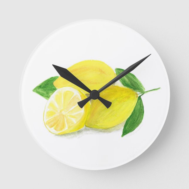 Yellow Lemon Fruit Watercolor Summer Citrus  Round Clock (Front)