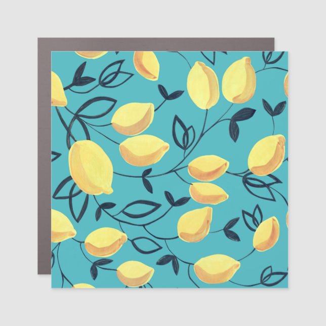 Yellow lemon gouache pattern on turquoise. car magnet (Front)
