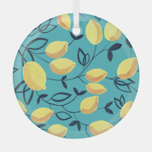 Yellow lemon gouache pattern on turquoise. glass ornament