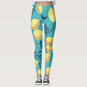 Yellow lemon gouache pattern on turquoise. leggings